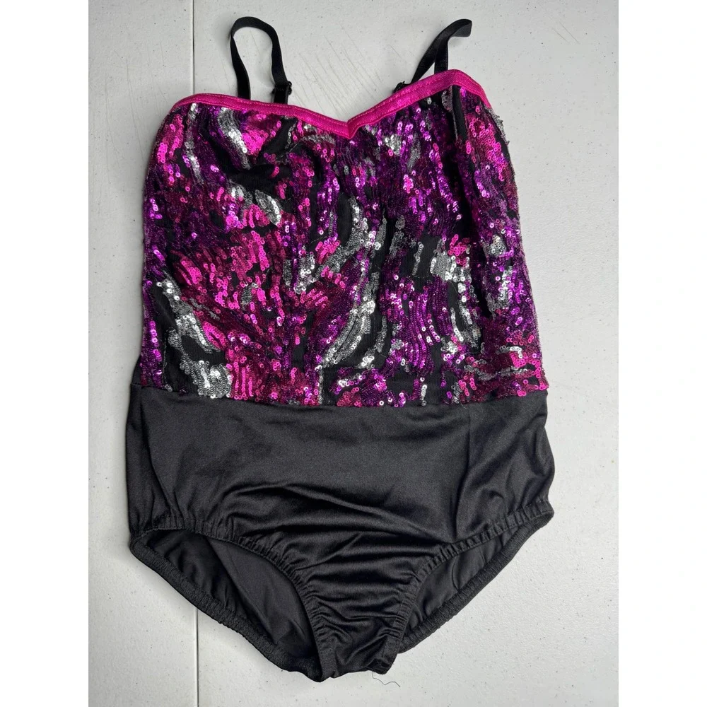 Costume Gallery Kids Medium Sequin Dance Leotard Purple Pink Black 17348